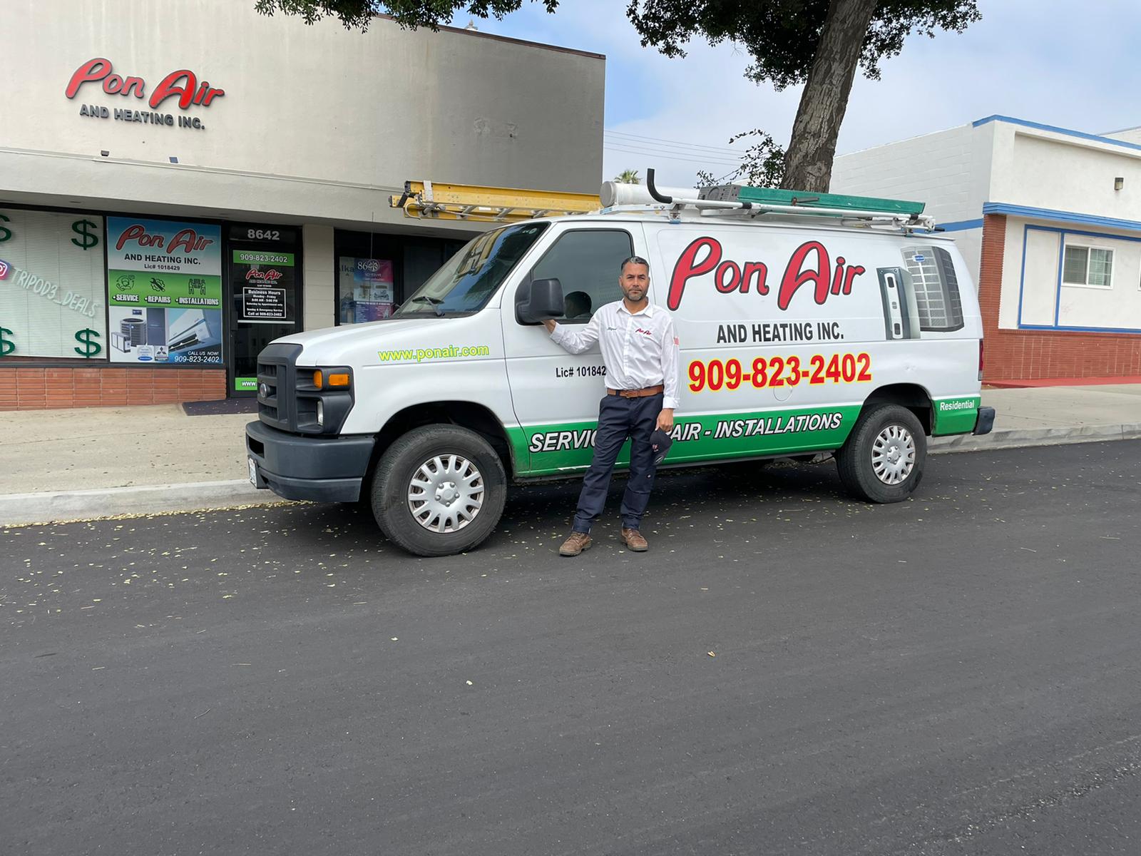 A Pon Air and Heating service van parked outside the company's Fontana shop.